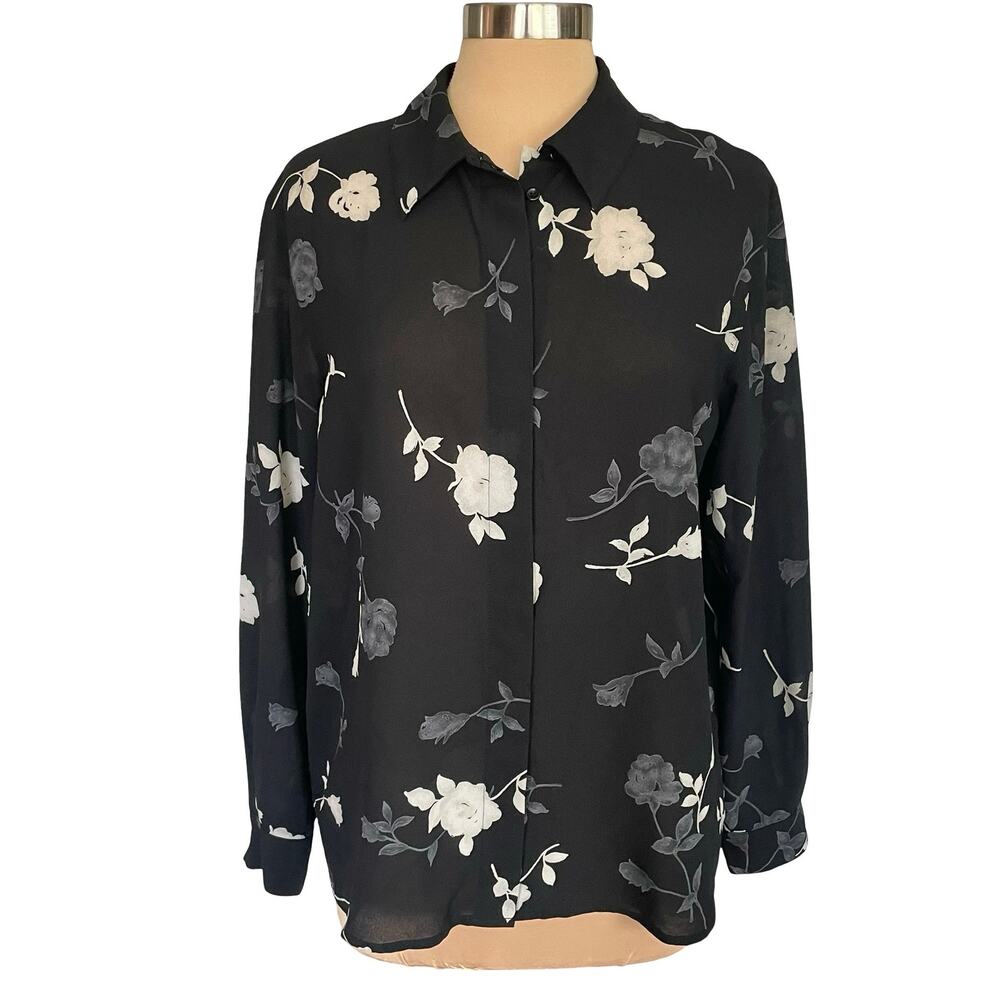 Jones New York Silky Dark Floral Button Front Blouse Size 12 Whimsigoth Romantic